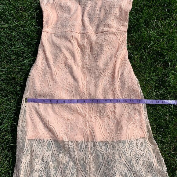 Vintage Hand Sewn Peach Sheer Lace Maxi Dress Long Gown - Picture 16 of 16